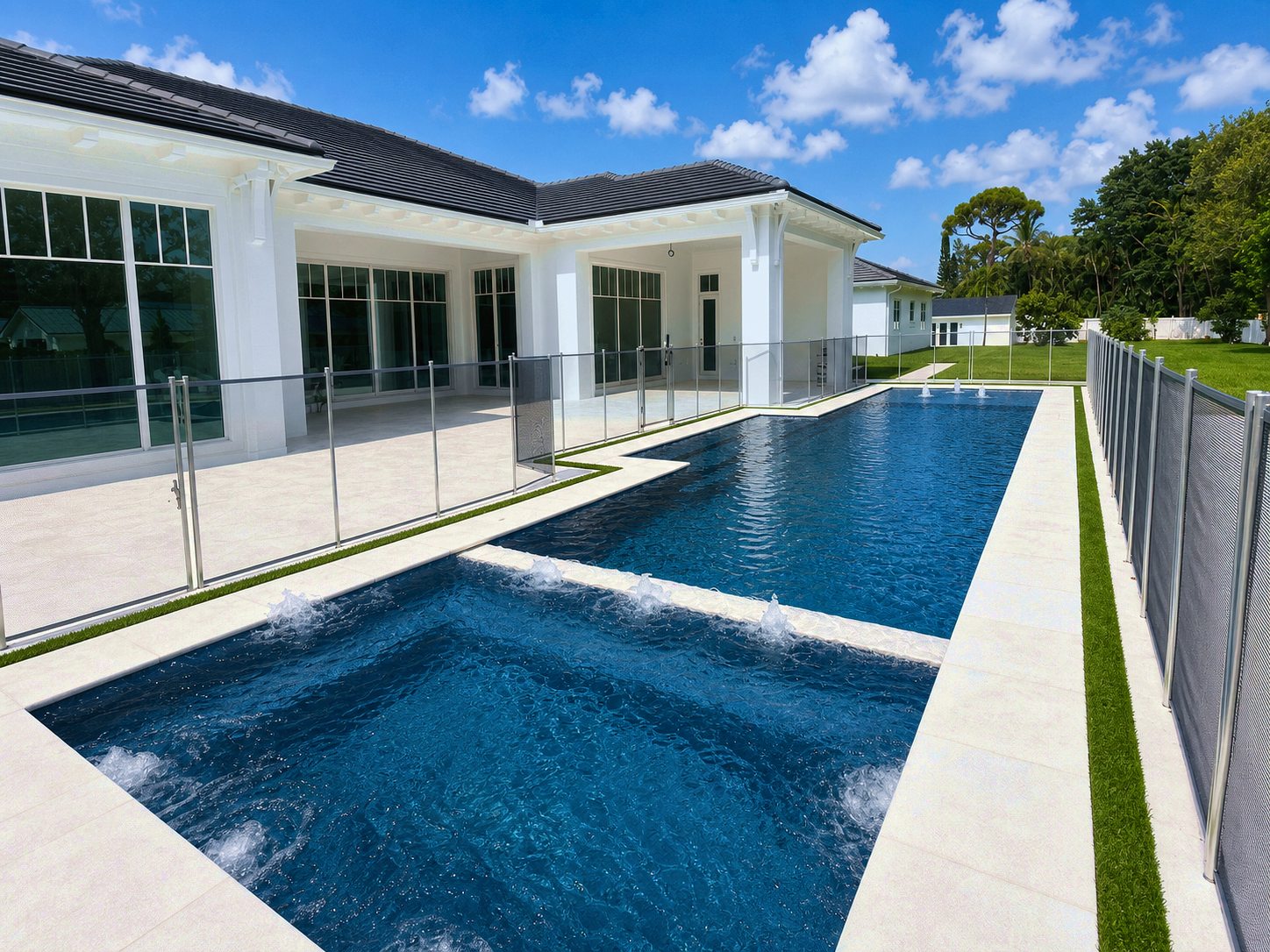 Pool with clean stone deck and open water view